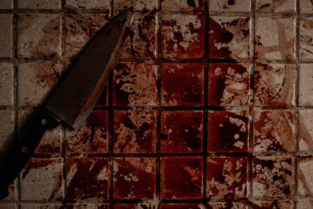 The Serial Killer's Lair bloody floor with knife