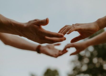 Two hands almost touching, set against grey blue sky with tree branches framing the bottom right corner