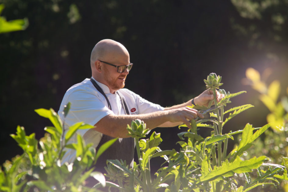 Chef Michael McMeeken In The Garden Gathering Ingredients