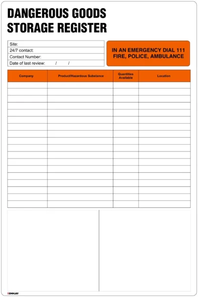Safety Signs - Emmjay - Dangerous Goods Storage Register