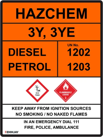 Workplace Safety Signs - Emmjay - HAZCHEM - 3Y, 3YE - DIESEL PETROL - 1202 1203 Sign