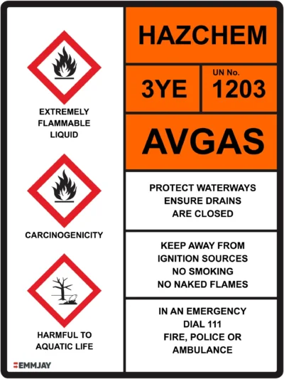 Workplace Safety Signs - Emmjay - HAZCHEM - 3YE 1203 AVGAS Sign