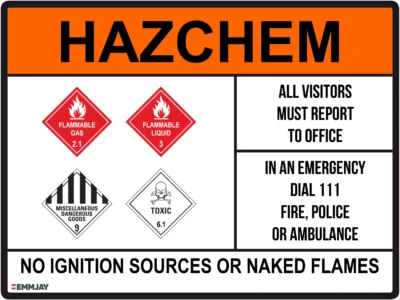 Workplace Safety Signs - Emmjay - HAZCHEM - No Ignition Sources or Naked Flames