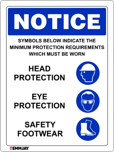 Workplace Safety Signs - Emmjay - NOTICE - Symbols below indicate the Minimum Requirements which must be Worn - Head Protection, Eye Protection, Safety Footwear Sign