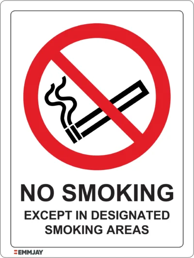 Workplace Safety Signs - Emmjay - Prohibition - No smoking except in designated smoking areas Sign