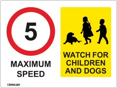 Workplace Safety Signs - Emmjay - Maximum Speed of 5 and Watch for Children and Dogs Sign with 1 Dog and 2 Children on top of it sign