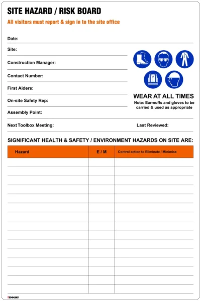 Safety Signs - Emmjay - Site Hazard/ Risk Board - HZ001