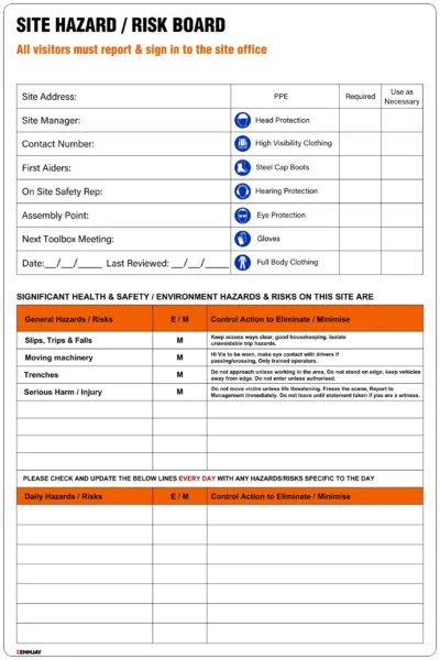 Safety Signs - Emmjay - Site Hazard/ Risk Board - HZ002