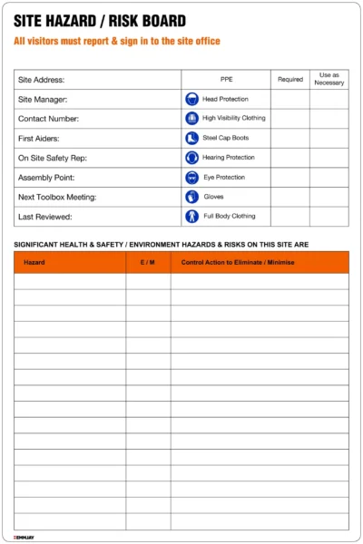 Safety Signs - Emmjay - Site Hazard/ Risk Board - HZ003