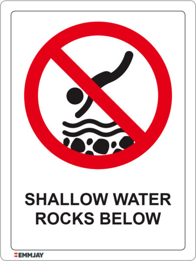 Workpalce Safety Signs - Emmjay - Shallow Water Rocks Below Sign