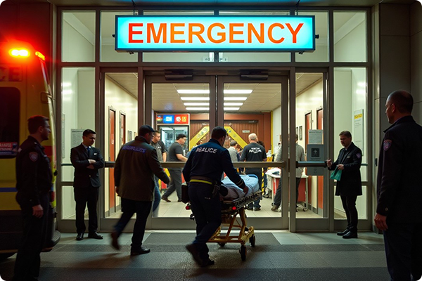 View of a hospital’s emergency entrance area, designated for urgent medical care.