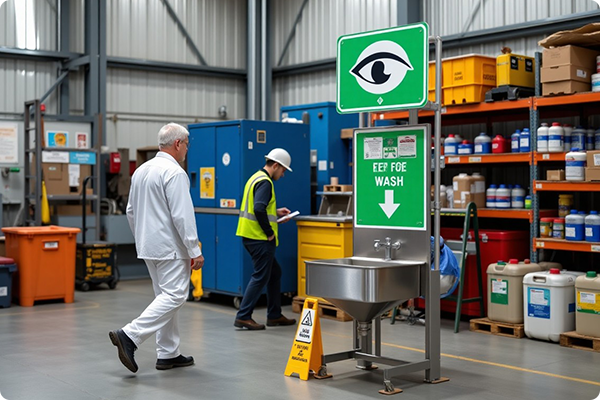Workers performing tasks near an eye wash station.
