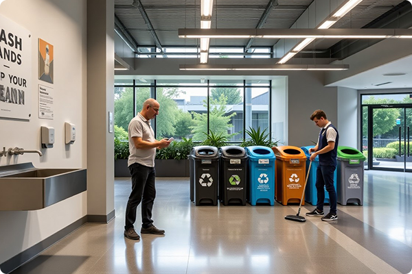Trash management area inside a facility with designated waste bins.