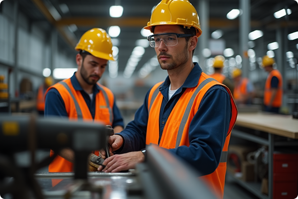 Employees equipped with personal protective equipment such as safety goggles while on the job.