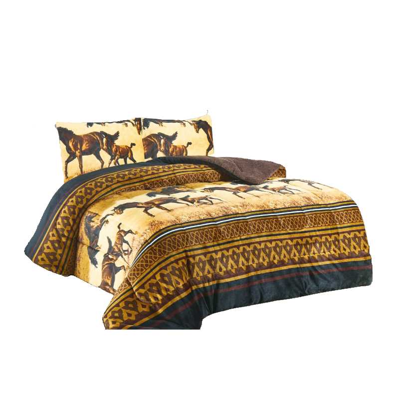 Horse Design Blanket - Nova Printed Flannel Borrego 3 Piece Queen Size Set