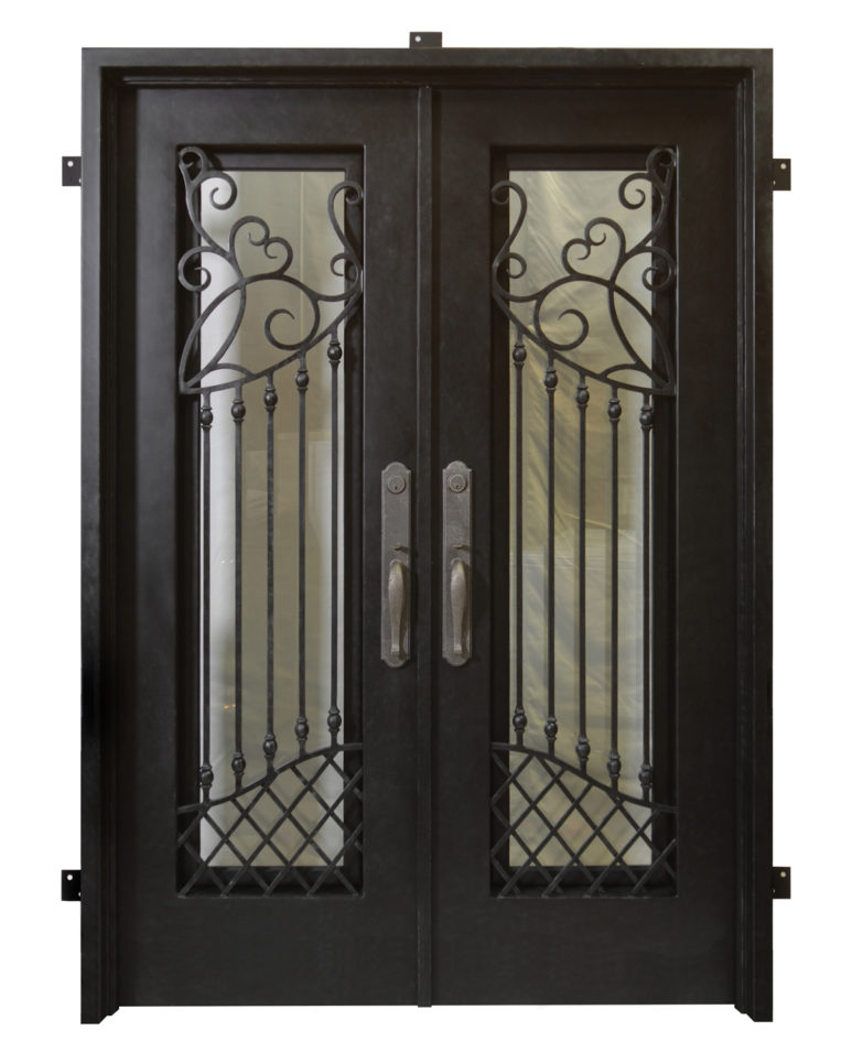 Handcrafted iron doors with wrought iron scrollwork